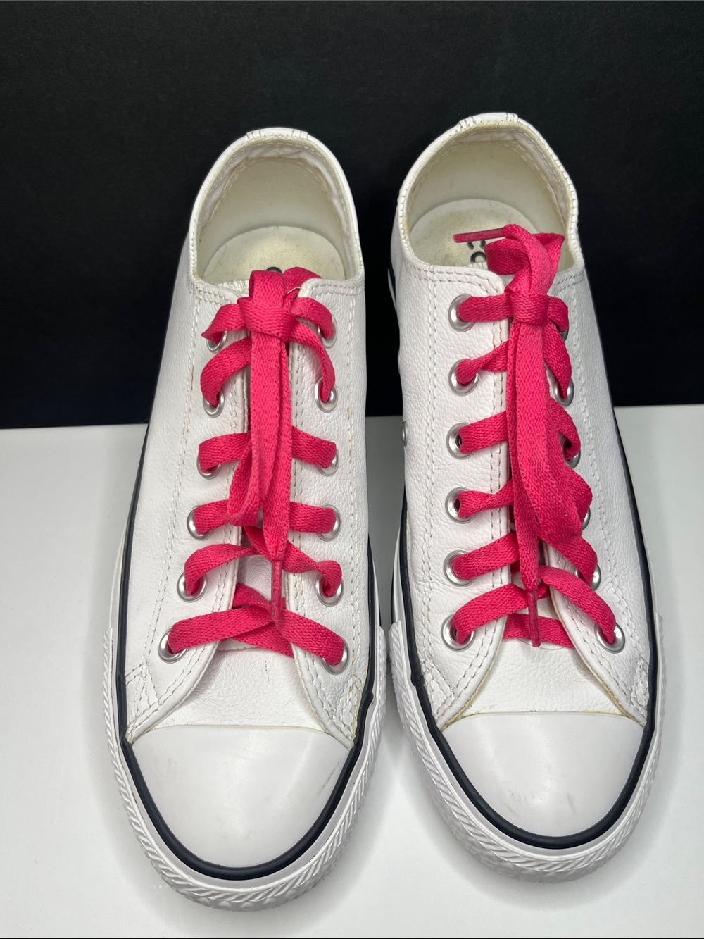 Leather Converse, White Low-Top with Bright Pink Laces - Picture 6 of 10